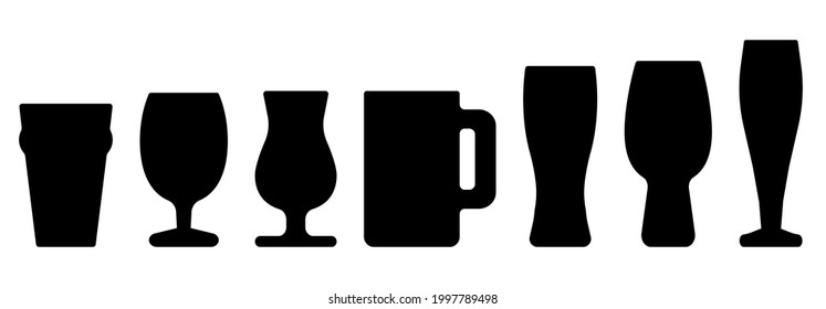 set of different glasses for beer. Black silhouette of beer glasses. Flat style