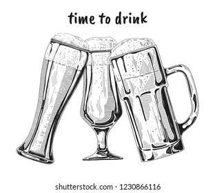 Set of different glasses with beer, different mugs of beer. Vector illustration of a sketch style.