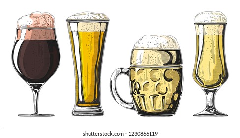 Set of different glasses with beer, different mugs of beer. Vector illustration of a sketch style.