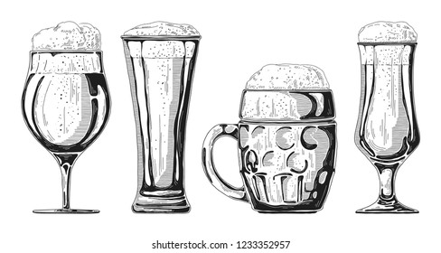 Set of different glasses with beer, different mugs of beer. Vector illustration of a sketch style.