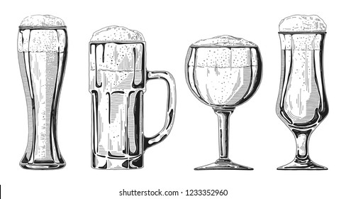 Set of different glasses with beer, different mugs of beer. Vector illustration of a sketch style.