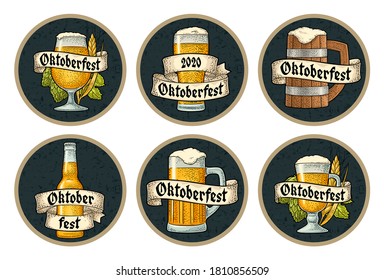 Set different glasses beer with ribbon. Vector engraving color vintage illustration isolated on dark circle. 