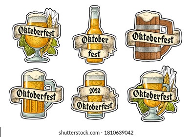 Set different glasses beer. Vector engraving color vintage illustration isolated on white background.