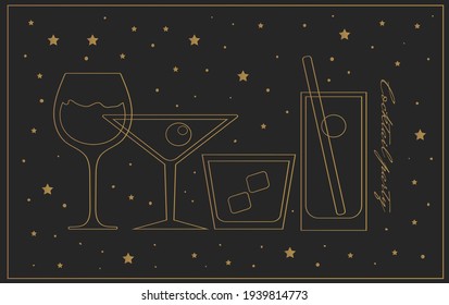 set of different glasses for cocktails drinks, black and gold poster