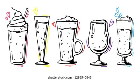 Set of different glasses, different cocktails. Vector illustration of a doodle style.