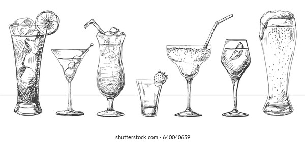 Set of different glasses, different cocktails. Vector illustration of a sketch style.