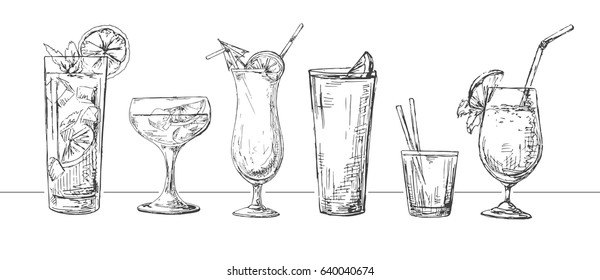 Set of different glasses, different cocktails. Vector illustration of a sketch style.