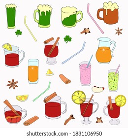 Set of different glasses and cups with drinks for celebrate holiday. Vector hand draw  Illustration EPS10.