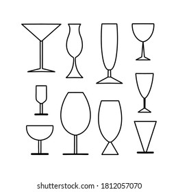 Eine Reihe verschiedener Gläser in Form von schwarzen Umrissen auf weißem Hintergrund. Silhouetten. Vektorgrafik zur Dekoration von Bars, Restaurants, Menüs, Bannern usw.