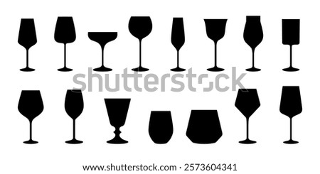 Set of different glasses icons. Wine glass collection. Silhouette wine glasses. Stemware collection set. Glass icon