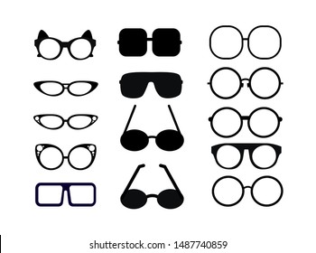 Set of different glasses isolated. vector glasses silhouette on white background. model icons. Collection of fashion accessories