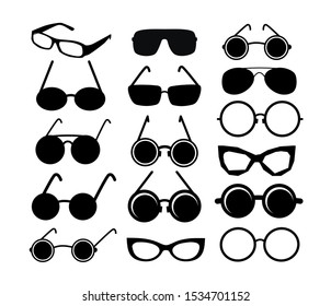 Set of different glasses isolated. vector glasses silhouette on white background. model icons. Collection of fashion accessories