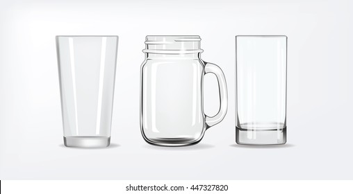 set of different glasses for juices, cocktails, smoothies, water on white the background. Vector realistic illustration