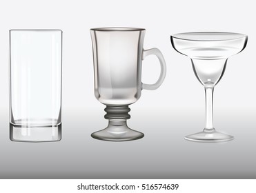set of different glasses for juices, cocktails, mulled wine, water on white the background. Vector realistic illustration