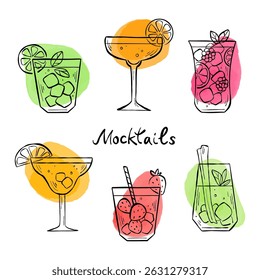 Set of different glasses variations of mocktails in sketch style. Vector line illustrations with watercolor background. Drawings of party drinks with fruits, straw and ice.