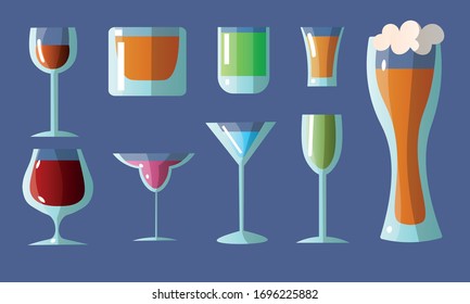 Set of different glasses in various shapes with alcoholic drinks. Vector illustration in a flat cartoon style.