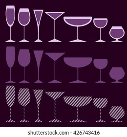 Set of different glasses. Violet color scheme.