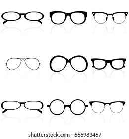 Set of different glasseson with transparent lenses on isolated white background. Vector illustration.
