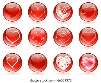 set of different glossy balls with decorative hearts
