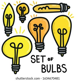 set of different glowing incandescent bulbs on a white background