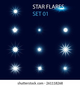 Set of different glowing star flares and magic sparks