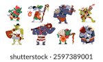 Set of different goblins. Green trolls with weapon. Funny ogre warriors with blades, cudgels. Various big orcs, fantasy characters for game. Flat isolated vector illustration on white background