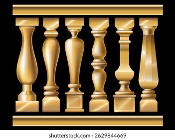 Conjunto de diferentes balaústres de ouro em um estilo clássico. Gráficos vetoriais
