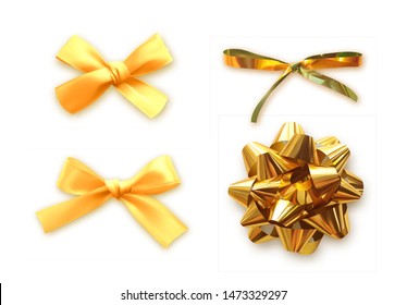 Set of different gold bows made of fabric and foil. Realistic 3d decorative elements for design. Collection Festive bows from ribbon are suitable for gift, surprises. vector illustration