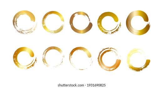 Eine Reihe verschiedener goldener Kreise bürsten Striche. Flacher Stil. Einzeln auf weißem Hintergrund. Vektorgrafik
