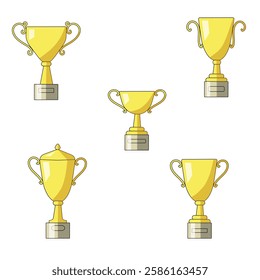 Set of different gold cups on a white background. Award. Vector illustration for activity book, print, stickers.