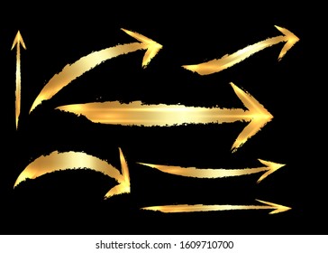 Set of different gold grunge brush arrows, pointers, isolated on black background. Golden arrow brush Stroke style, object for design use, vector logos icon speed concept