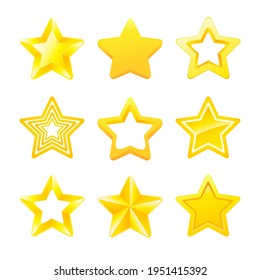 Set of different gold ranking stars. Vector golden stars collection for game icons award and rank isolated on white background. EPS10