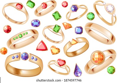 Set with different gold rings with diamonds, rubies, emeralds and sapphires isolated on white background