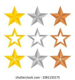 Set of different gold, silver and bronze ranking stars, stock vector illustration