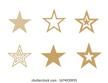 A set of different gold stars isolated on white. Vector drawing.