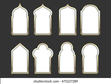 Set of different golden arched windows or doors in the Eastern or Arabic style. Vector graphics for postcards and icons, covers. Background for the sign