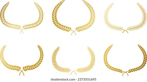 Set of different golden circular laurel foliate. Template for award, achievement, heraldry, nobility. Vector illustration.