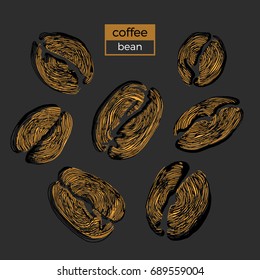 Set of different golden coffee beans on black background. Organic product. Vector color illustration. Collection. Sketch eps.10