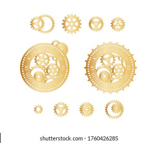 Set of different golden cogwheel and clocks with gears on a white background. Mechanism. Steampunk. Vector template, design elements for a stylish holiday greeting card, signage, labels, emblem, print