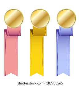 Set of different golden medals with colored ribbons