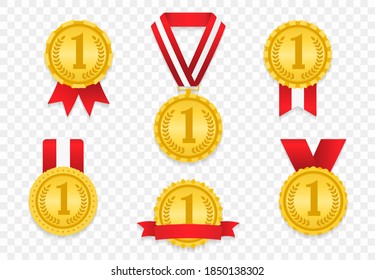 Set of different golden medals with red ribbons, vector eps10 illustration