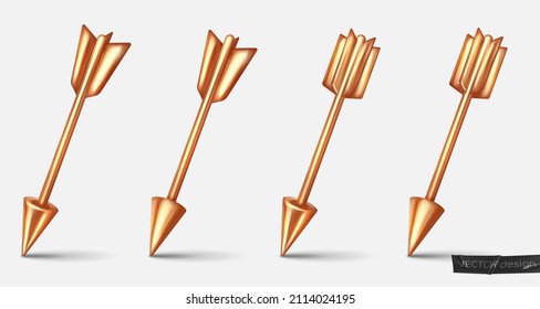 Set of different golden metallic arrow with shadow. Vector illustration for card, party, design, flyer, poster, decor, banner, web, advertising.