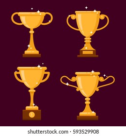 Set of different golden shiny trophy cups. Vector illustration with isolated colorful awards, flat design. Champion reward icons used for artworks or site creation.
