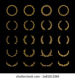 Set of different golden silhouette circular laurel foliate, olive, wheat and oak wreaths depicting an award, achievement, heraldry, nobility, logo, emblem. Vector illustration.