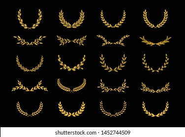 Set of different golden silhouette laurel foliate, wheat, oak and olive wreaths depicting an award, achievement, heraldry, nobility, game dev. Vector illustration.