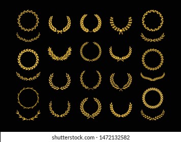 Set of different golden silhouette laurel foliate, wheat, oak and olive wreaths depicting an award, achievement, heraldry, nobility, emblem, game dev. Vector illustration.