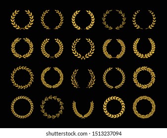 Set of different golden silhouette laurel foliate, oak and olive wreaths depicting an award, achievement, heraldry, emblem, nobility, game dev. Vector illustration.