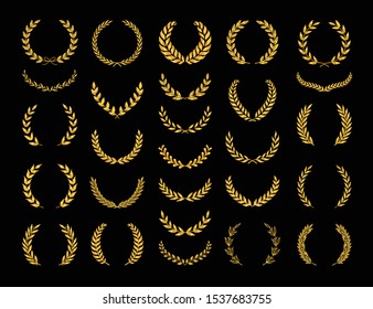 Set of different golden silhouette laurel foliate and olive wreaths depicting an award, achievement, heraldry, nobility, emblem, game dev. Vector illustration.