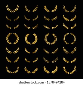 Set of different golden silhouette laurel foliate, oak and olive wreaths depicting an award, achievement, heraldry, nobility, emblem, logo. Vector illustration.