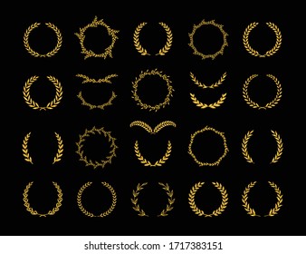 Set of different golden silhouette laurel foliate and olive wreaths depicting an award, achievement, heraldry, nobility, emblem, logo. Vector illustration.